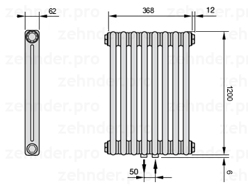 Схема (чертеж) Радиатор Zehnder Charleston 2120/8 №5410 Белый глянцевый RAL 9016